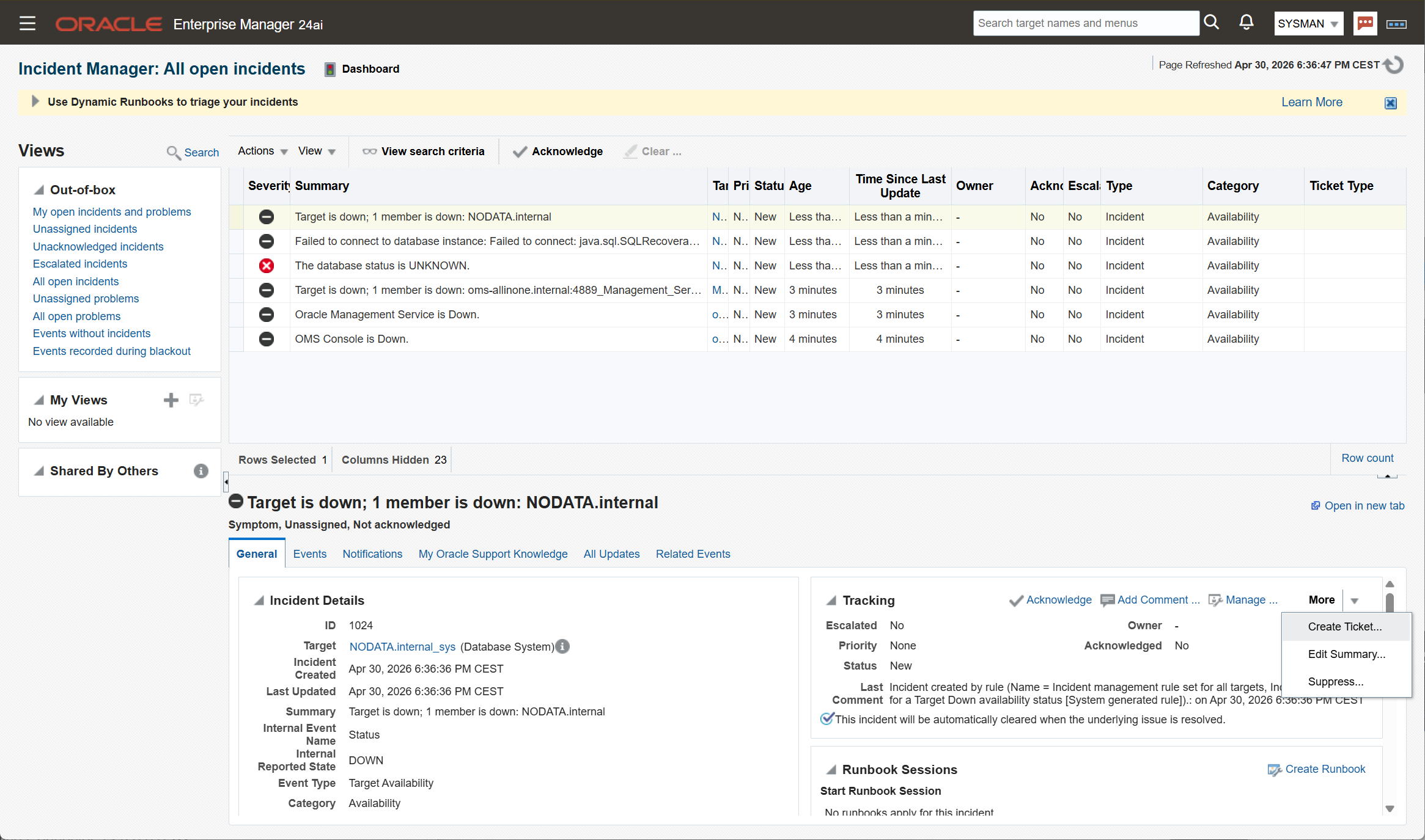 OEM Incident Manager - Create Ticket