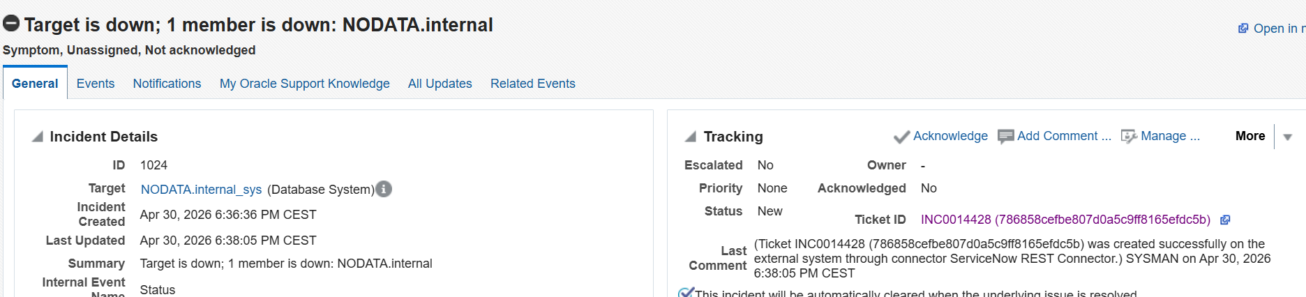 OEM Incident Manager - Incident with ServiceNow Ticket Link