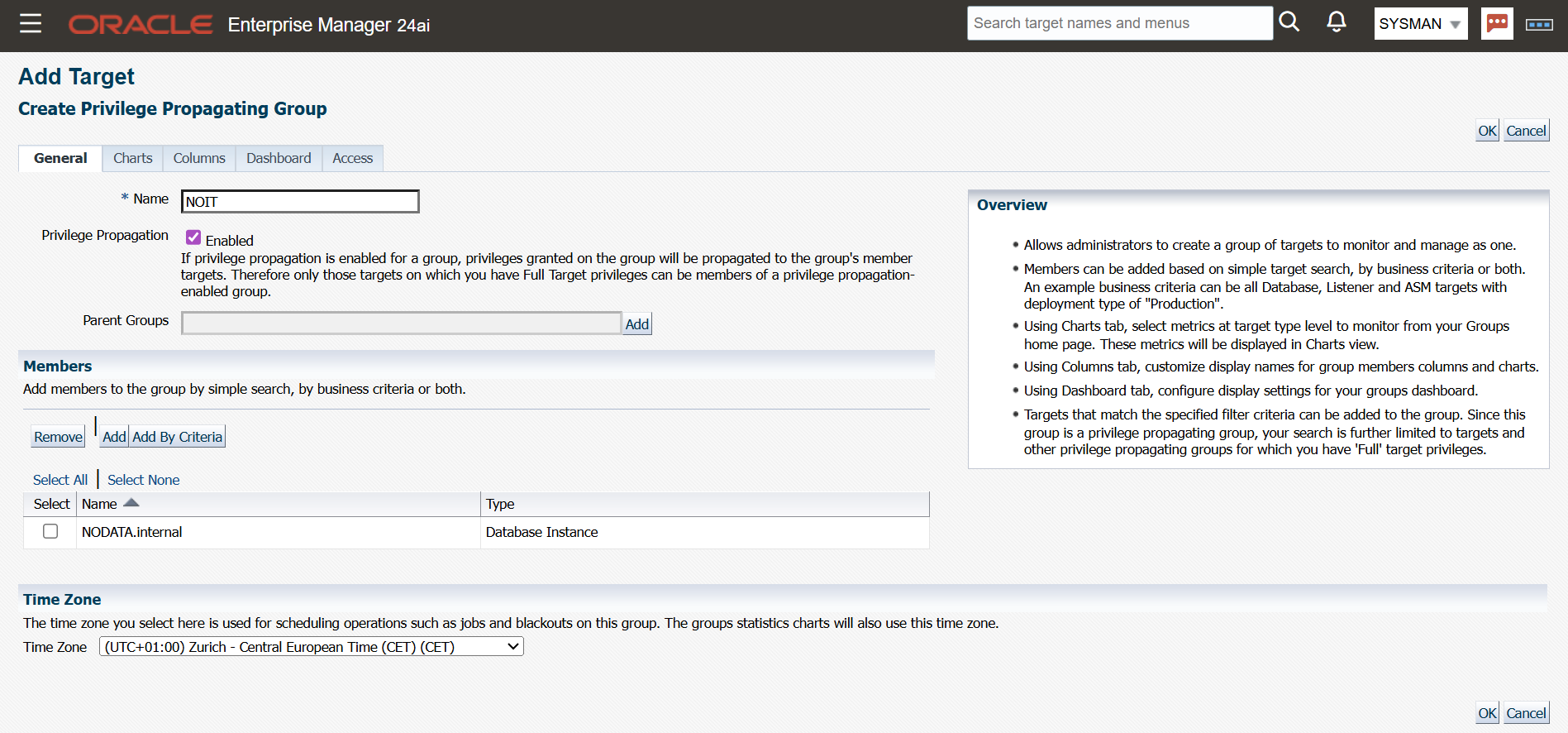EM24ai Read-Only User Create new Group NOIT with Database Instance NODATA.internal