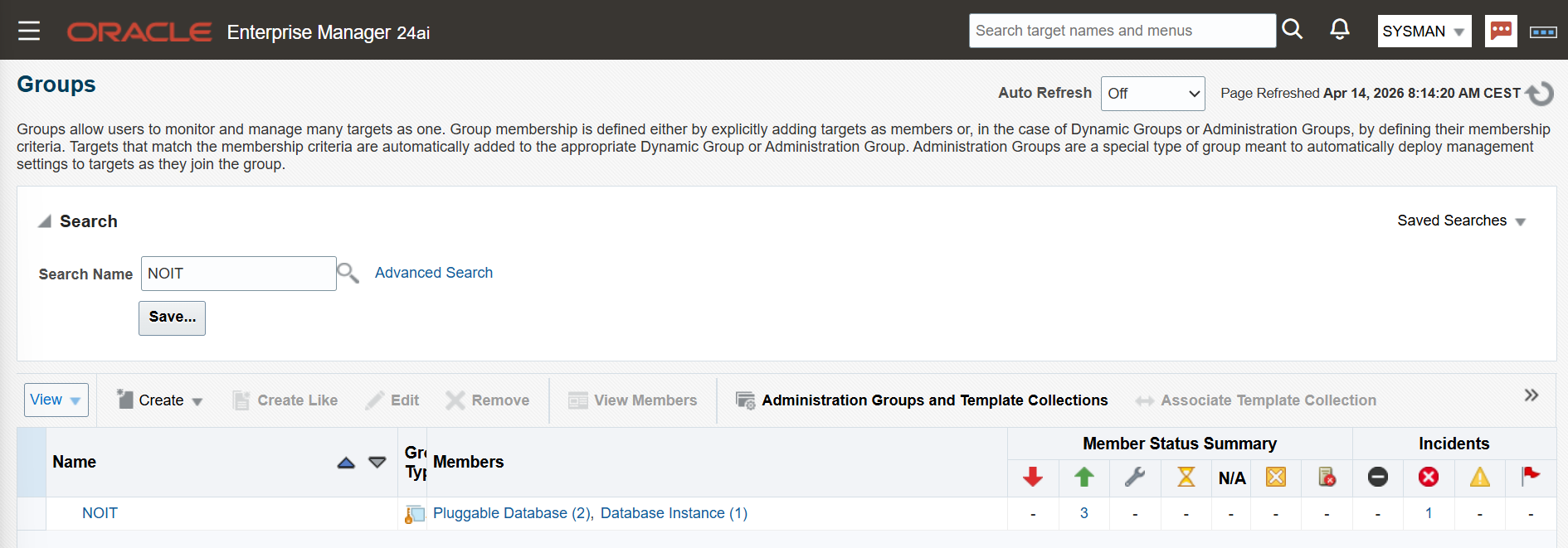 EM24ai Read-Only User List Group NOIT with Database Instance NODATA.internal